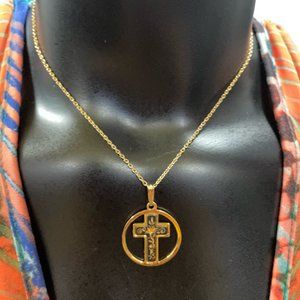 Gold Tone Cross Necklace Black